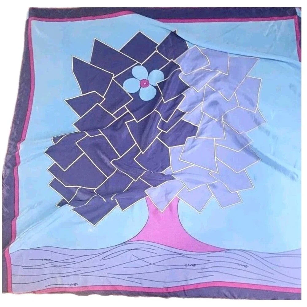 Vintage Grès Paris Silk Scarf Abstract Tree Blue Purple Geometric Made in Italy